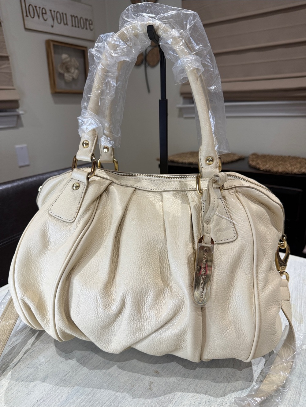 Y2K Cream Pleated Leather Shoulder Bag with Gold Hardware